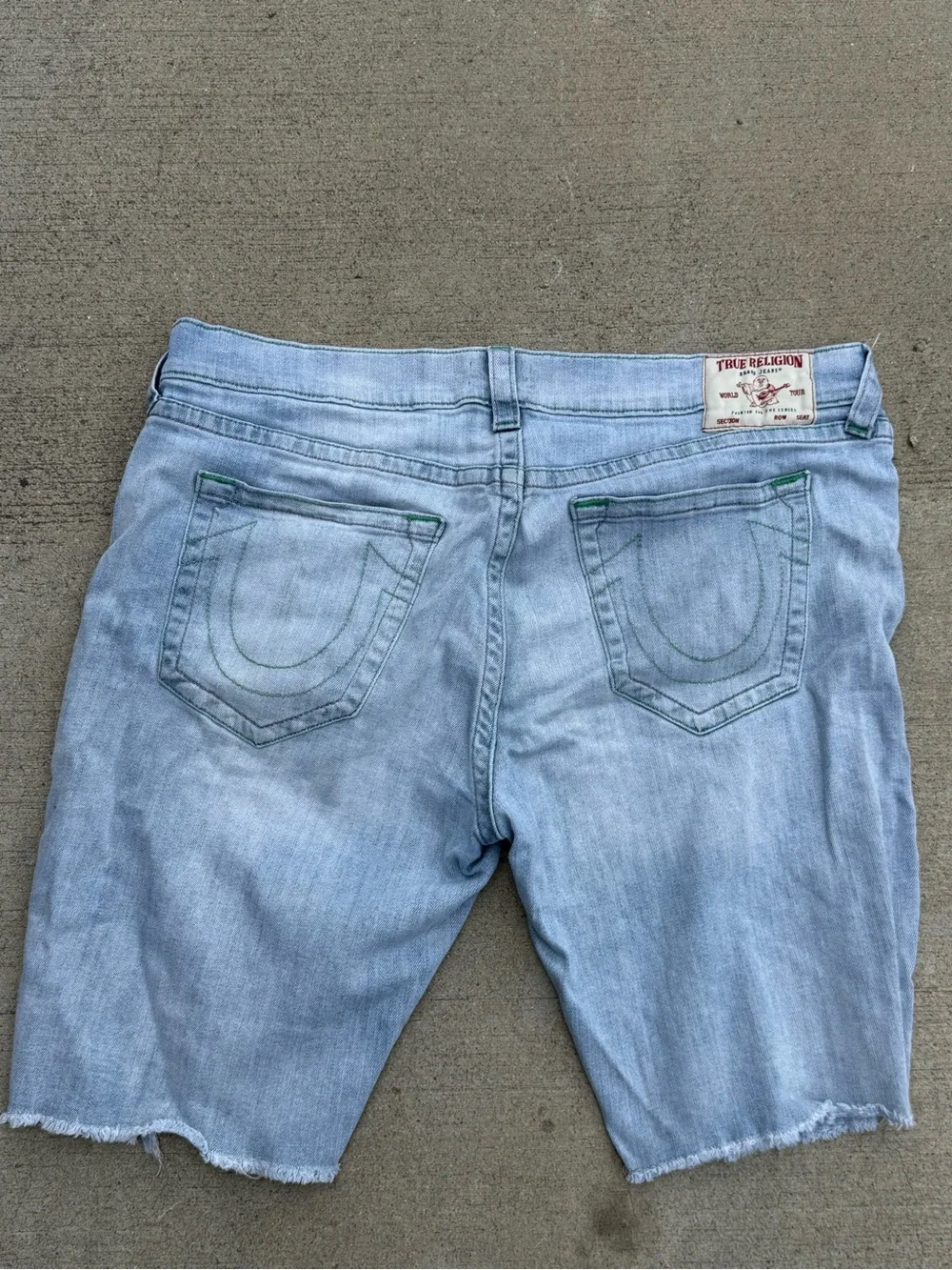 True Religion Ricky Relaxed Straight Light Blue Jeans with Green Stitching